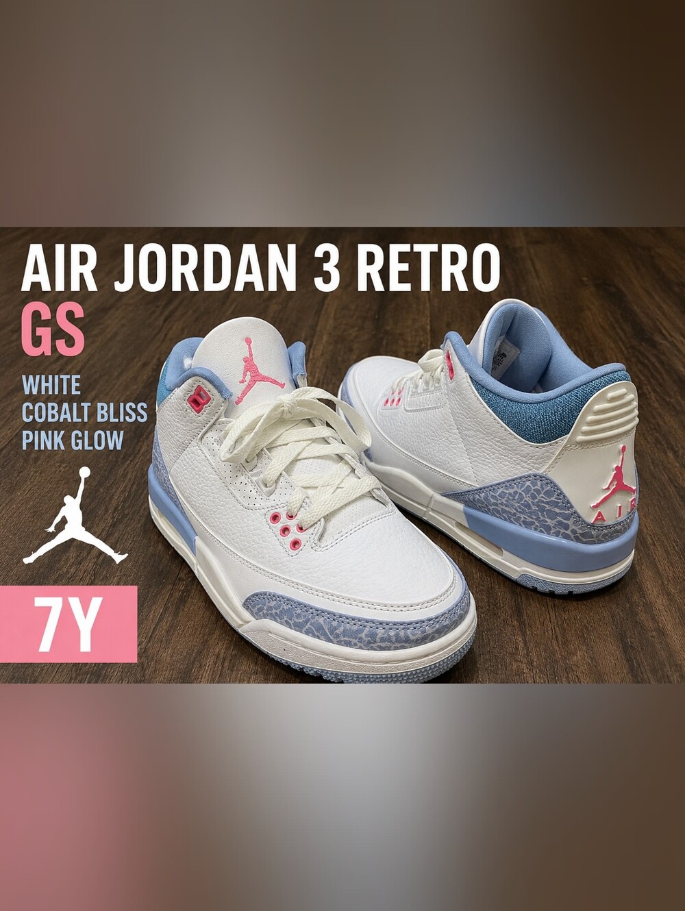 Air Jordan 3 Retro GS White Cobalt Bliss Pink Glow Sneakers 7Y HQ0784-101